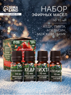 Новогодний набор эфирных масел «Ароматной баньки», в подарочной коробке, апельсин, кедр, пихта, можжевельник, 4 шт. по 10 мл