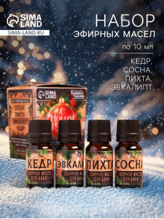 Новогодний набор эфирных масел «С Новым Годом!», в подарочной коробке, пихта, эвкалипт, кедр, сосна, 4 шт. по 10 мл