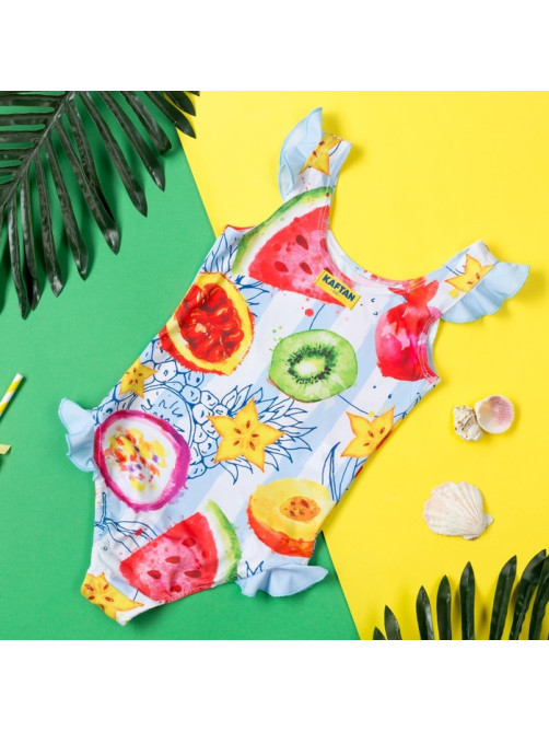 Купальник для девочки слитный KAFTAN: Fruits, бело-голубой, размер 32 (110-116 см)