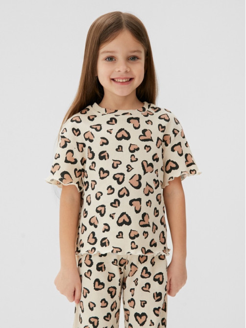 Пижама для девочки (футболка, брюки) KAFTAN: Leo love, бежевая, размер 30 (98-104 см)
