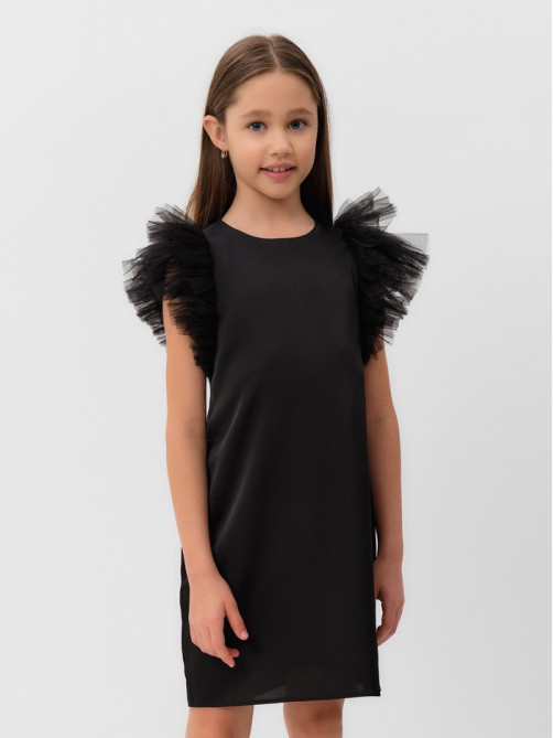 Платье нарядное для девочки MINAKU: PartyDress с крылышками, прямое, чёрное, рост 116-122 см