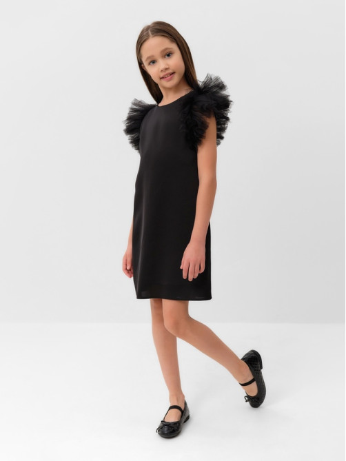 Платье нарядное для девочки MINAKU: PartyDress с крылышками, прямое, чёрное, рост 116-122 см
