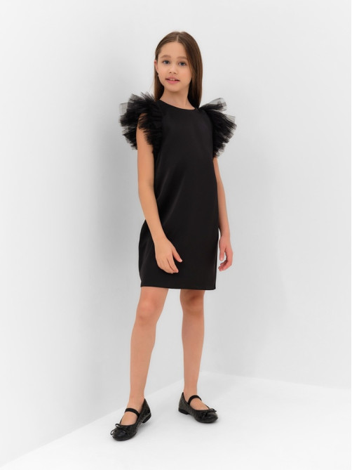 Платье нарядное для девочки MINAKU: PartyDress с крылышками, прямое, чёрное, рост 116-122 см