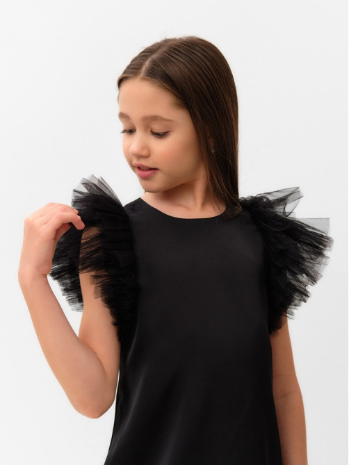 Платье нарядное для девочки MINAKU: PartyDress с крылышками, прямое, чёрное, рост 116-122 см