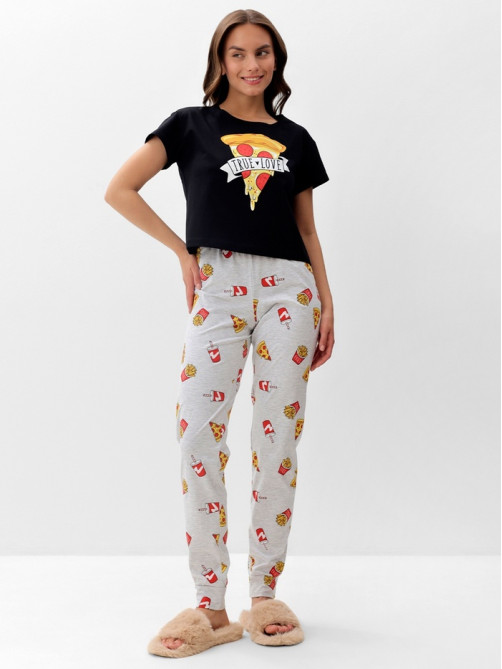 Пижама женская (футболка, брюки) KAFTAN Pizza, размер 48-50, чёрная