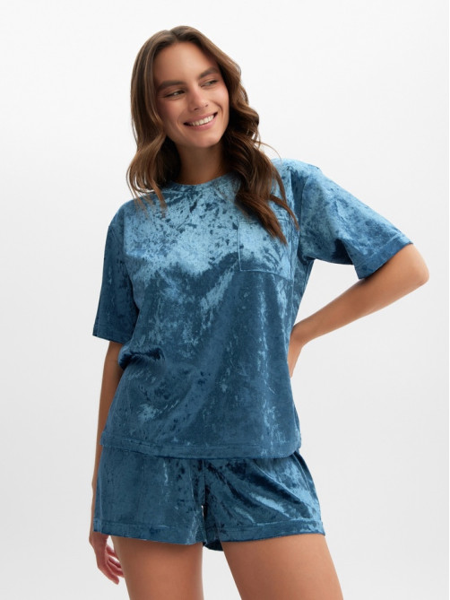 Пижама женская (футболка, шорты) KAFTAN Velvet, размер 40-42, синяя