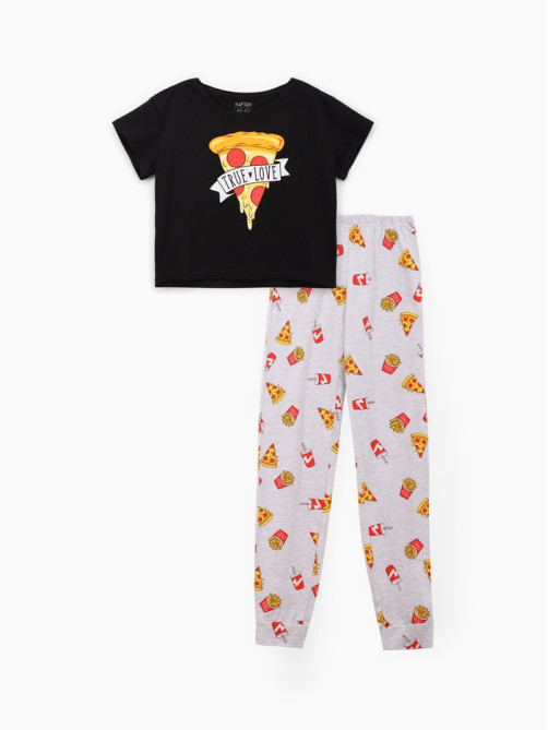 Пижама женская (футболка, брюки) KAFTAN Pizza, размер 48-50, чёрная