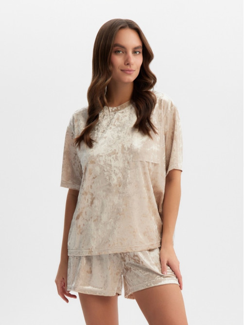 Пижама женская (футболка, шорты) KAFTAN Velvet, размер 40-42, бежевая