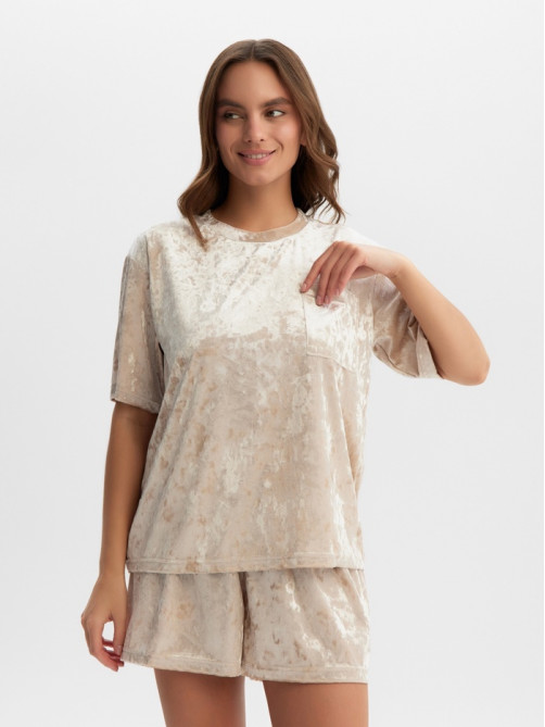 Пижама женская (футболка, шорты) KAFTAN Velvet, размер 40-42, бежевая