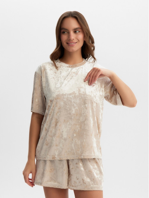 Пижама женская (футболка, шорты) KAFTAN Velvet, размер 48-50, бежевая