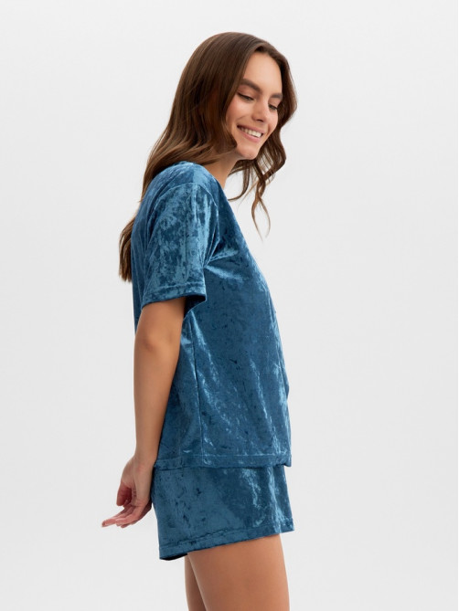 Пижама женская (футболка, шорты) KAFTAN Velvet, размер 40-42, синяя