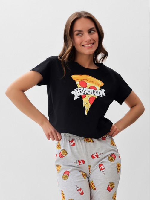 Пижама женская (футболка, брюки) KAFTAN Pizza, размер 40-42, чёрная