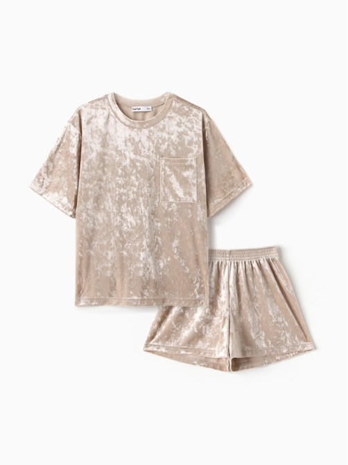 Пижама женская (футболка, шорты) KAFTAN Velvet, размер 40-42, бежевая