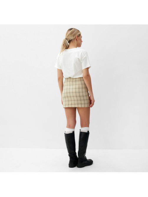 Юбка мини женская на запах MINAKU: Casual Collection, принт клетка бежевая, размер 48