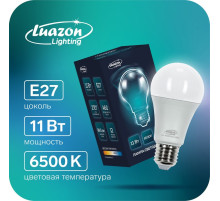 Лампа светодиодная Luazon Lighting, A60, 11 Вт, E27, 990 Лм, 6500К, свечение холодное белое