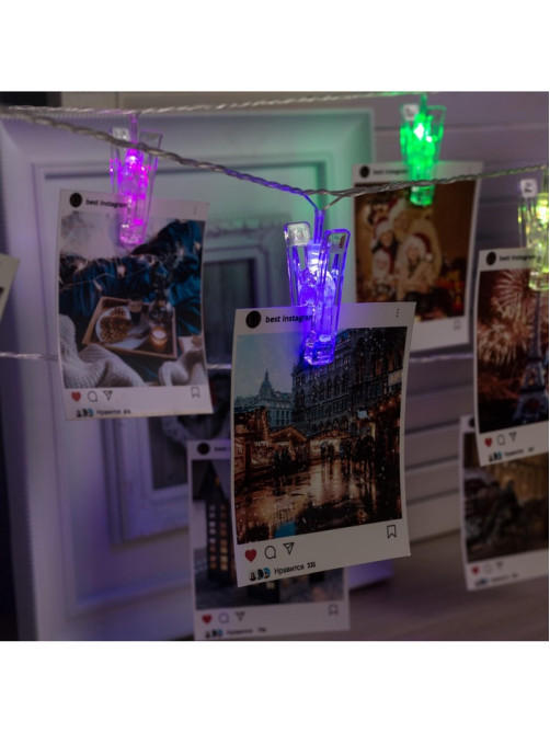 Гирлянда «Нить» 4.5 м с насадками «Прищепки», IP20, прозрачная нить, 20 LED, свечение RG/RB, мигание, 220 В