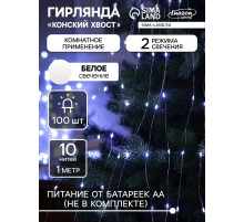 Гирлянда «Конский хвост» 10 нитей по 1 м, IP20, серебристая нить, 100 LED, 2 режима, от батареек АА×3, свечение белое