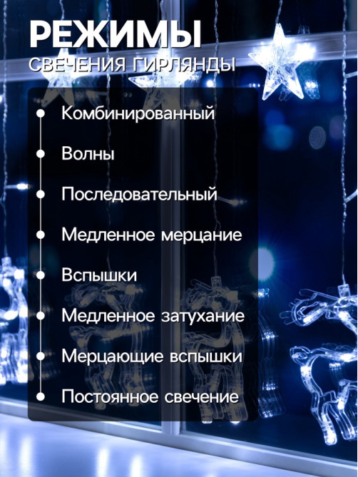 Гирлянда «Бахрома» 2.4×0.9 м с насадками «Олень», IP20, прозрачная нить, 138 LED, свечение белое, 8 режимов, 220 В