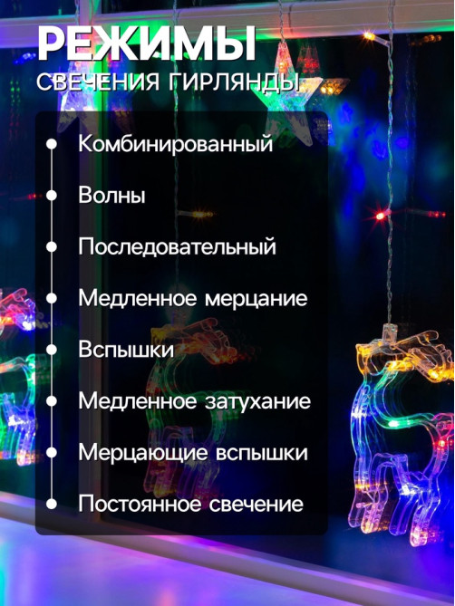 Гирлянда «Бахрома» 2.4×0.9 м с насадками «Олень», IP20, прозрачная нить, 138 LED, свечение мульти, 8 режимов, 220 В