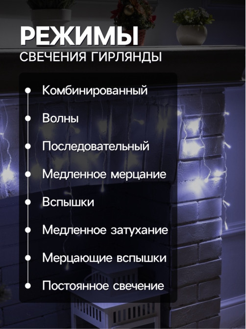 Гирлянда «Бахрома» 3×0.5 м, IP20, прозрачная нить, 80 LED, свечение белое, 8 режимов, 220 В