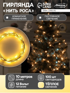 Гирлянда «Нить» 10 м, роса, IP20, серебристая нить, 100 LED, свечение тёплое белое, 12 В