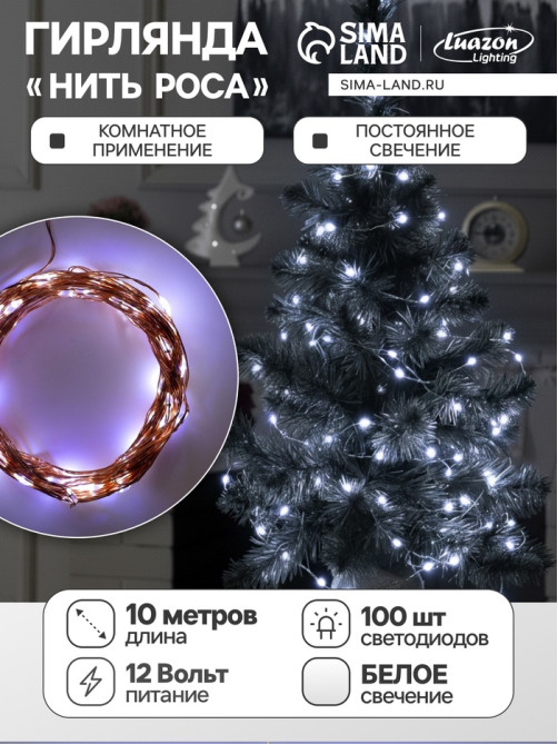 Гирлянда «Нить» 10 м, роса, IP20, медная нить, 100 LED, свечение белое, 12 В