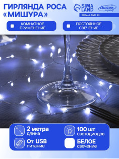 Гирлянда «Мишура» 2 м, роса, IP20, серебристая нить, 100 LED, свечение белое, USB