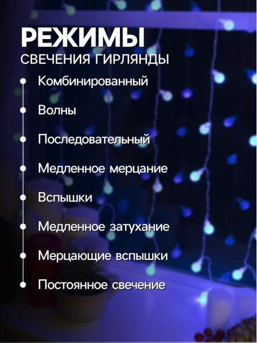 Гирлянда «Занавес» 2×1.5 м с насадками «Шарики», IP20, прозрачная нить, 360 LED, свечение синее, 8 режимов, 220 В
