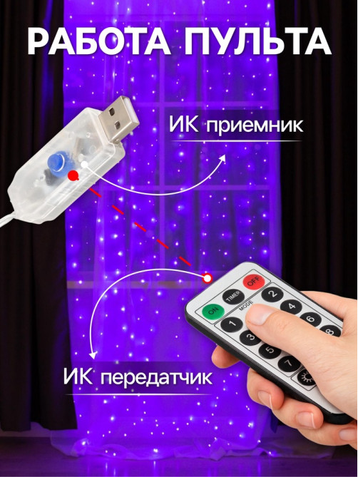 Гирлянда «Занавес» 2.8×3 м, роса на крючках, с пультом, IP20, серебристая нить, 300 LED, свечение фиолетовое, 8 режимов, USB