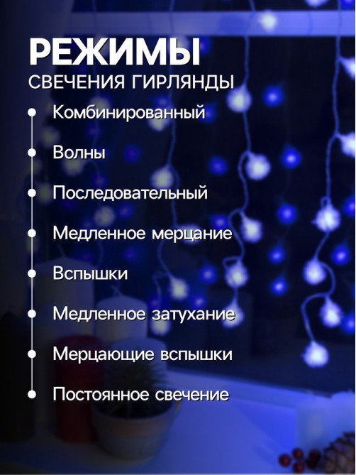 Гирлянда «Занавес» 2×1.5 м с насадками «Ёжики», IP20, прозрачная нить, 360 LED, свечение синее, 8 режимов, 220 В