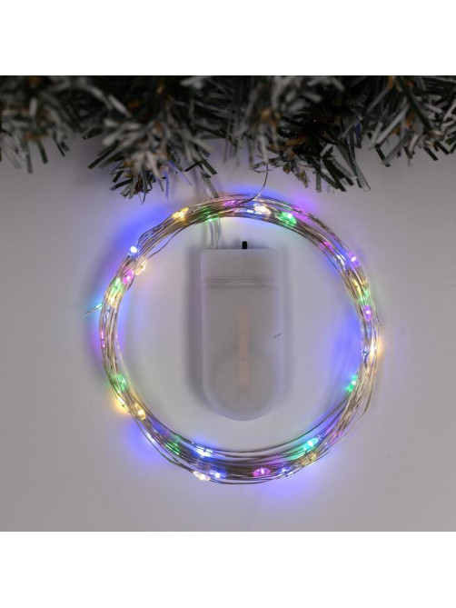 Гирлянда «Нить» 5 м, роса, IP20, серебристая нить, 50 LED, от батареек CR2032×2, свечение мульти