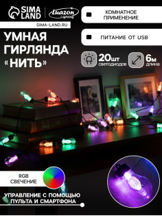 Умная гирлянда «Нить» 6 м с насадками «Лампочки с шишками», IP20, тёмная нить, 20 LED, свечение RGB, USB