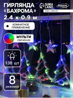 Гирлянда «Бахрома» 2.4×0.9 м с насадками «Ёлки», IP20, прозрачная нить, 138 LED, свечение мульти, 8 режимов, 220 В