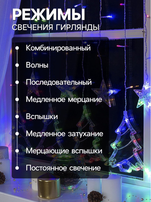 Гирлянда «Бахрома» 2.4×0.9 м с насадками «Ёлки», IP20, прозрачная нить, 138 LED, свечение мульти, 8 режимов, 220 В