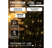 Гирлянда «Конский хвост» 8 нитей по 2 м, IP20, серебристая нить, 160 LED, свечение тёплое белое, USB