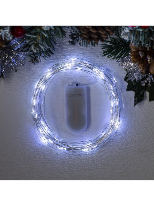 Гирлянда «Нить» 5 м роса, IP20, серебристая нить, 50 LED, батарейки CR2032×2 (в комплекте), свечение белое