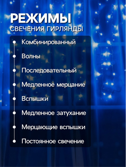 Гирлянда «Занавес» 1.5×1 м, IP20, прозрачная нить, 180 LED, свечение синее, 8 режимов, 220 В