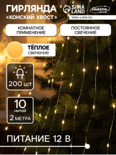 Гирлянда «Конский хвост» 10 нитей по 2 м, IP20, серебристая нить, 200 LED, свечение тёплое белое, 12 В