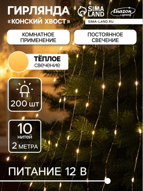 Гирлянда «Конский хвост» 10 нитей по 2 м, IP20, серебристая нить, 200 LED, свечение тёплое белое, 12 В