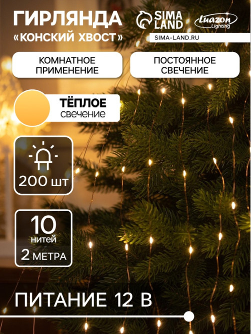 Гирлянда «Конский хвост» 10 нитей по 2 м, IP20, медная нить, 200 LED, свечение тёплое белое, 12 В