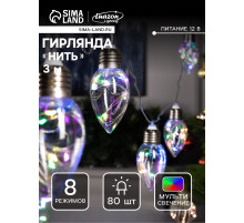 Гирлянда «Нить» 3 м с насадками «Лампочки капля», IP20, прозрачная нить, 80 LED, свечение мульти, 8 режимов, 220 В