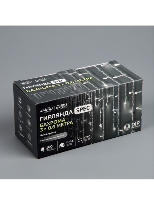 Гирлянда «Бахрома» 3×0.6 м, IP44, УМС, белая нить, 160 LED, свечение белое, мерцание белым, 220 В