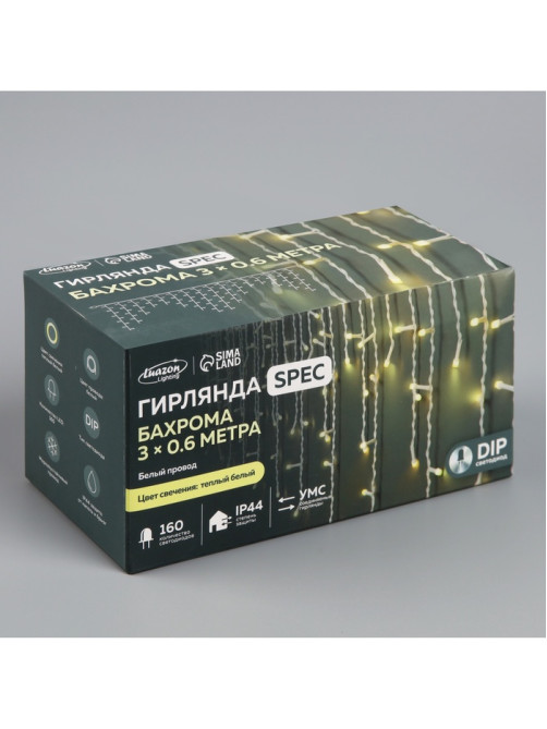 Гирлянда «Бахрома» 3×0.6 м, IP44, УМС, белая нить, 160 LED, свечение тёплое белое, 220 В
