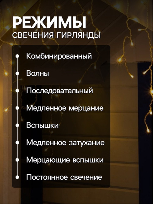 Гирлянда «Бахрома» 4×0.6 м, IP44, прозрачная нить, 180 LED, свечение тёплое белое, 8 режимов, 220 В