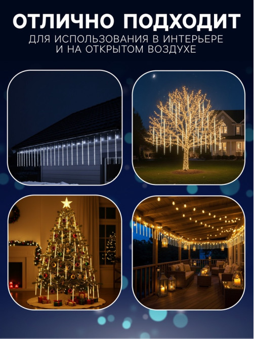 Гирлянда «Сосульки» 2.5×0.5 м, IP65, прозрачная нить, 288 LED, свечение синее с эффектом стекания, 12 В