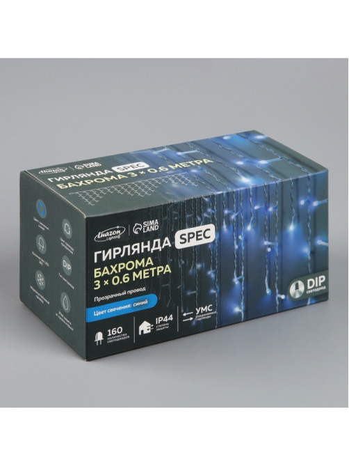 Гирлянда «Бахрома» 3×0.6 м, IP44, УМС, прозрачная нить, 160 LED, свечение синее, мерцание белым, 220 В