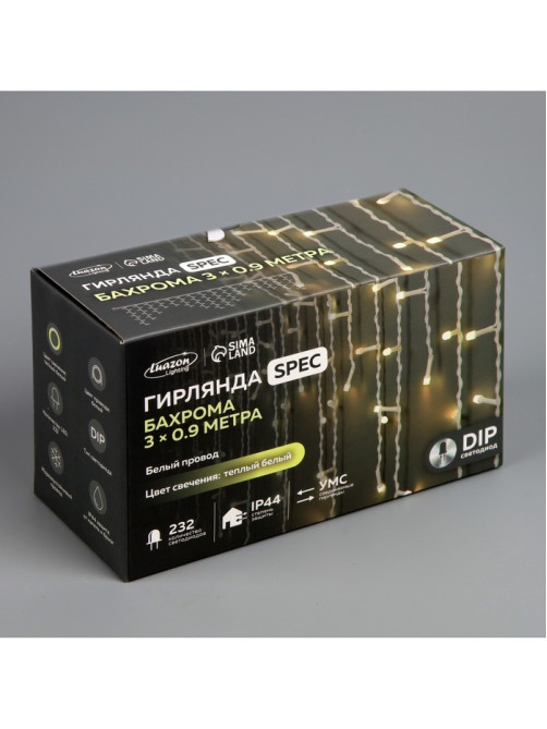 Гирлянда «Бахрома» 3×0.9 м, IP44, УМС, белая нить, 232 LED, свечение тёплое белое, 220 В