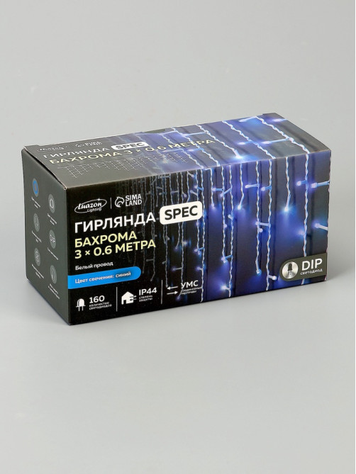 Гирлянда «Бахрома» 3×0.6 м, IP44, УМС, белая нить, 160 LED, свечение синее, 220 В