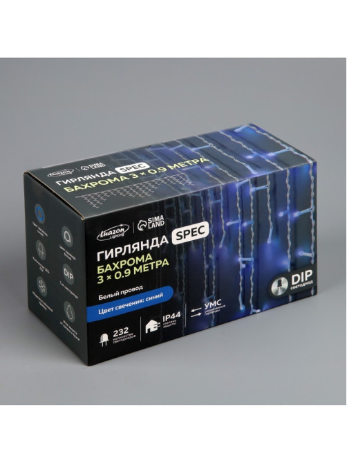 Гирлянда «Бахрома» 3×0.9 м, IP44, УМС, белая нить, 232 LED, свечение синее, 220 В