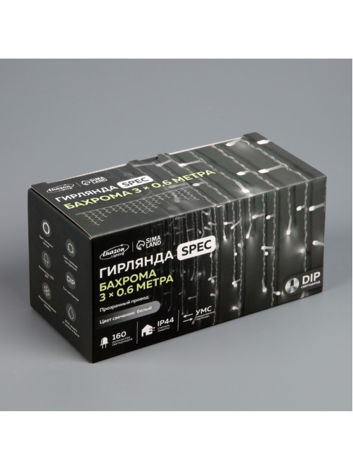 Гирлянда «Бахрома» 3×0.6 м, IP44, УМС, прозрачная нить, 160 LED, свечение белое, мерцание белым, 220 В